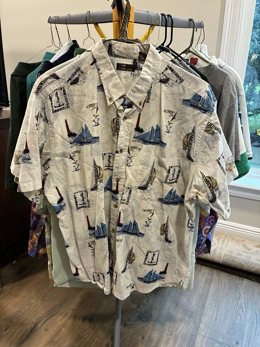 Vintage Cafe Luna Button down nautical themed shirt Size XL 100% Cotton NOC2481